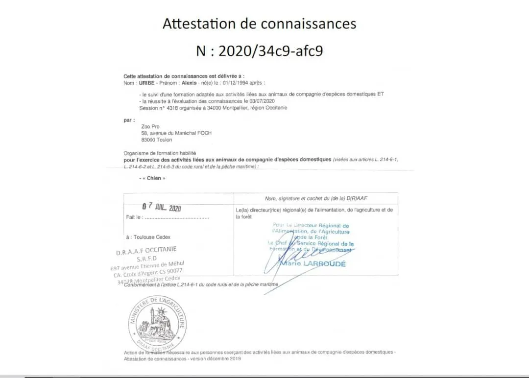 Attestation de connaissances Zoopro - 2020